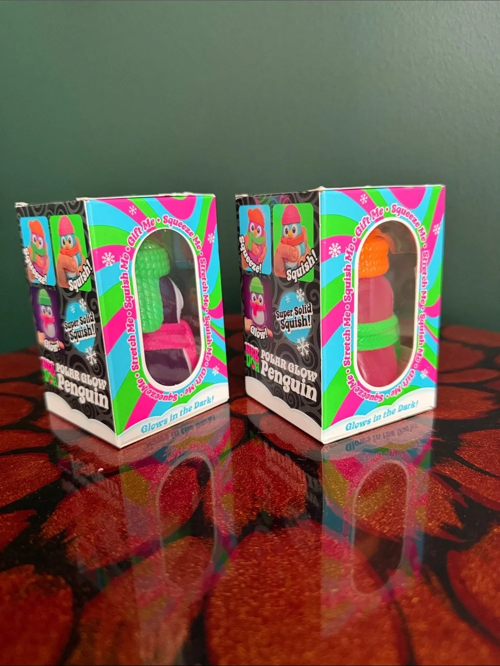 2- Pack HTF Needoh Polar Glow Penguins - Green & Orange Hats